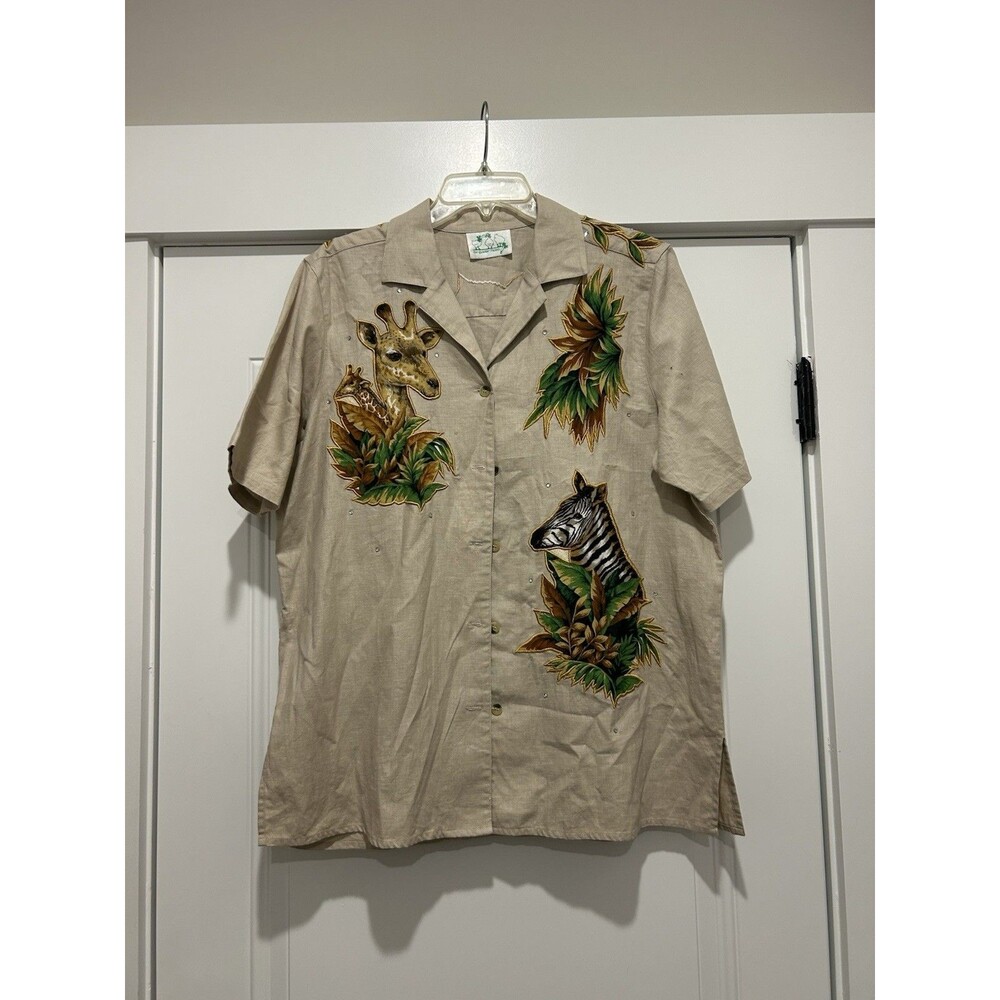 The Quacker Factory Linen Blend Shirt Giraffe Zebra Tiger Animal Sz  1X Whimsy